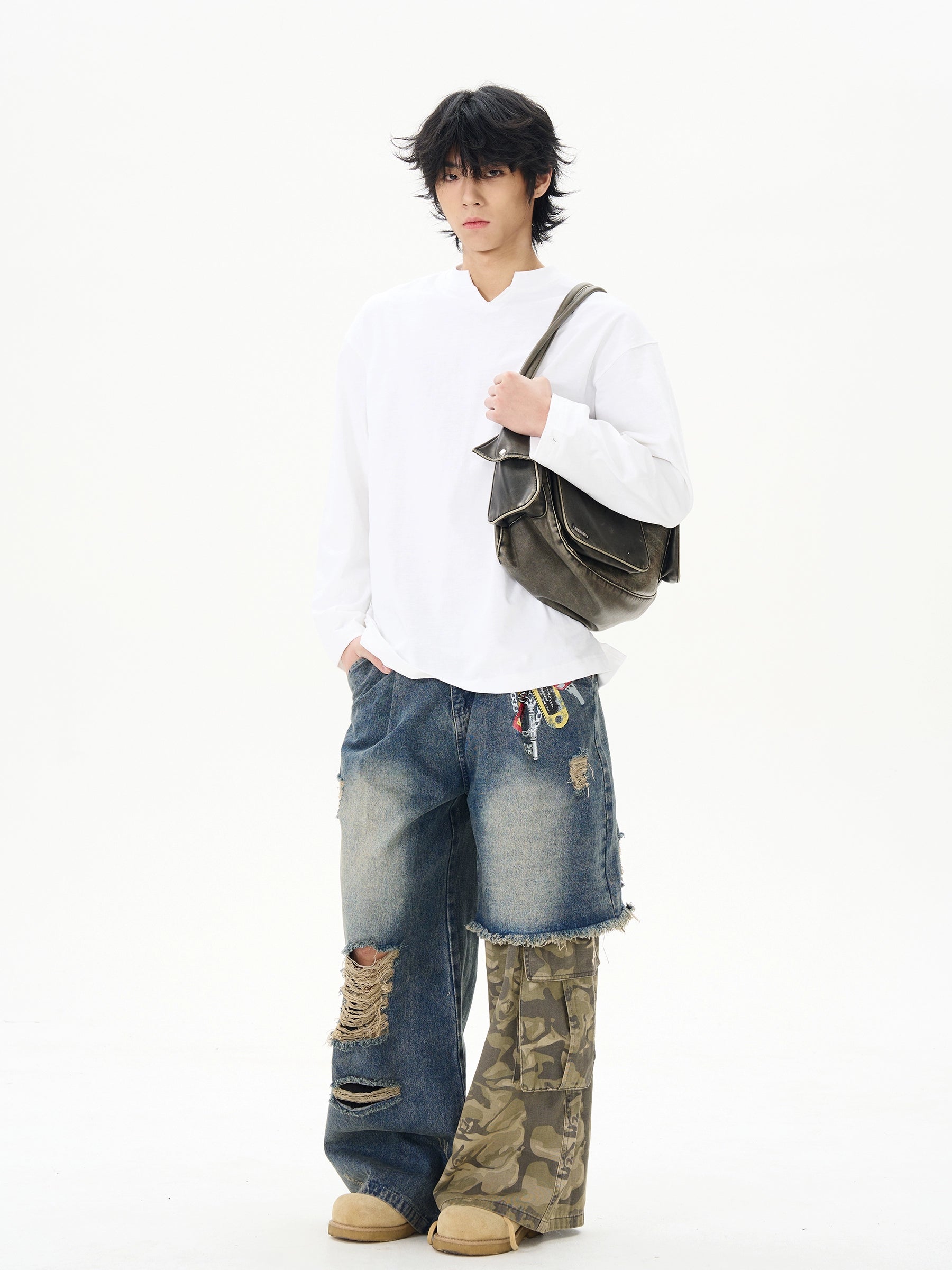 American retro print splicing camouflage jeans for men, handsome high-class street pants