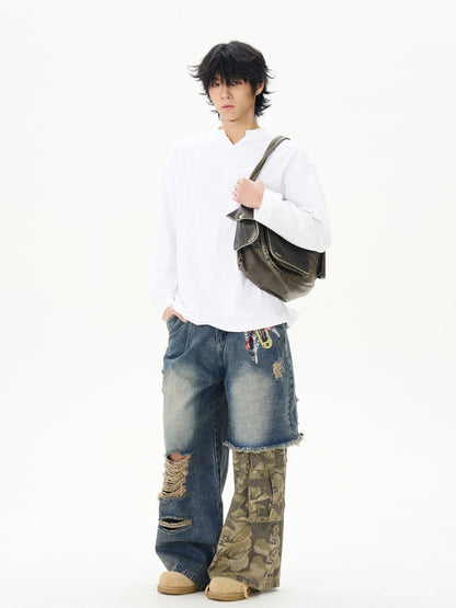 American retro print splicing camouflage jeans for men, handsome high-class street pants