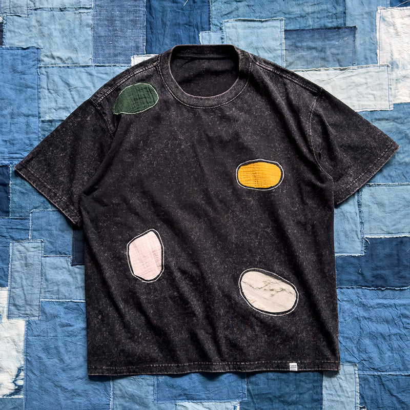 Heavy-weight washed round collar handmade multicolor patch embroidered retro short sleeve T-shirt