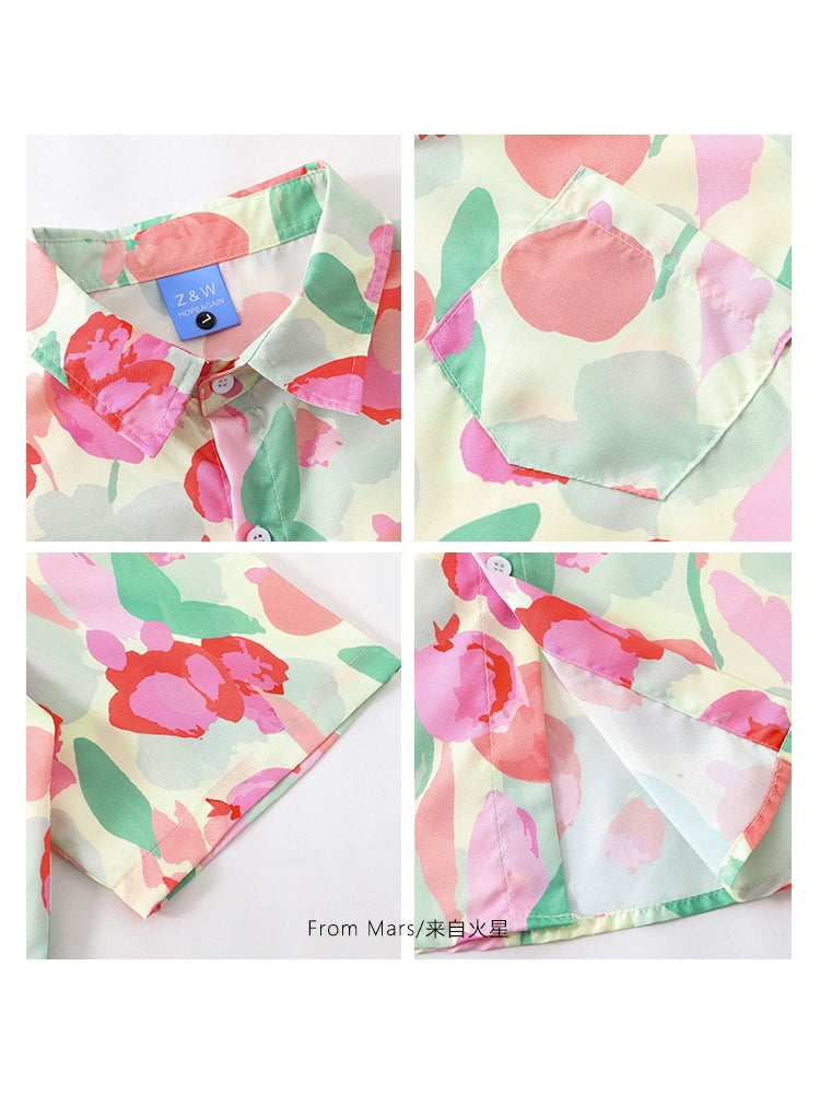 Vintage Hong Kong style printed short-sleeved shirt loose bf casual flower shirt for men and women