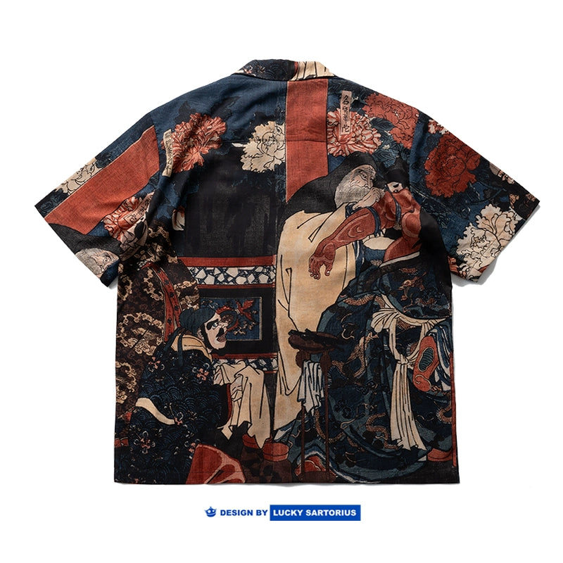 Mikuni Guan Yu cartoon character print summer lyocell ice sense tencel fabric cuban collar short sleeve shirt men and women