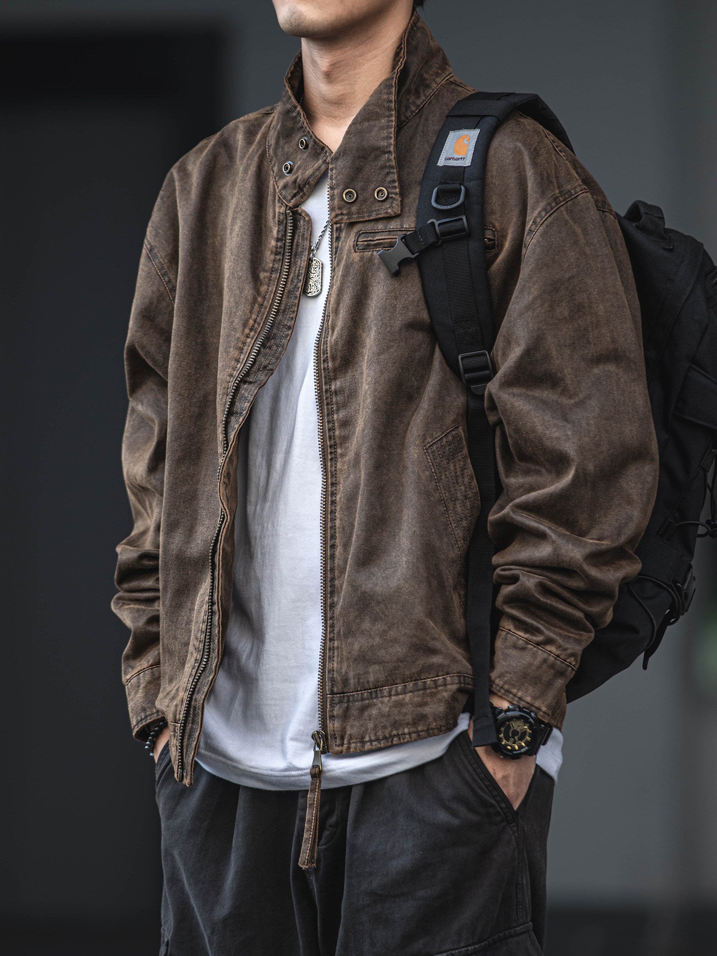 Distressed Oil Wax Cargo Bomber Jacket – Loose Unisex American Streetwear – Japanese vintage | yamalin clothes | Yamalinclothes