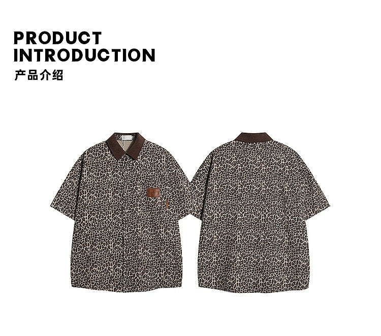 hip-hop American retro vintage leopard print polo collar denim short-sleeved men's and women's trendy brand fried street heavy shirts