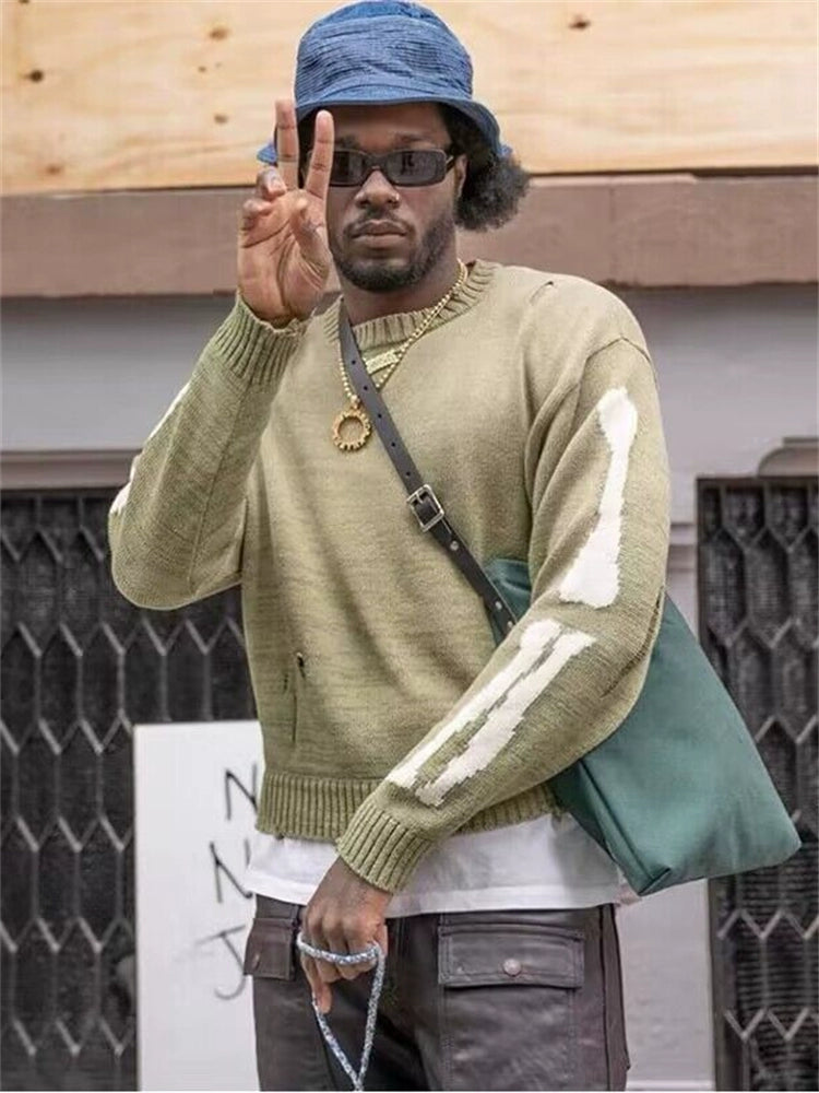 Back skeleton jacquard hole long sleeve loose pullover sweater men and women trendy