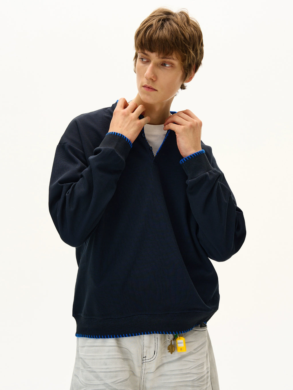 Hand-Stitched Henry Collar Knitted Sweatshirt – Old-Money Loose Unisex Top