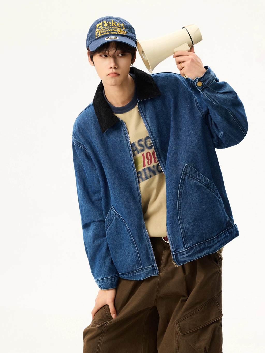 Vintage Washed Distressed Blue Short Lapel Jacket – Workwear Style (Unisex)