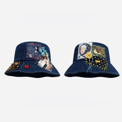 Denim Abstract Appliqué Fisherman Hat – Wide Brim Sun Protection Streetwear – Japanese vintage | yamalin clothes | Yamalinclothes