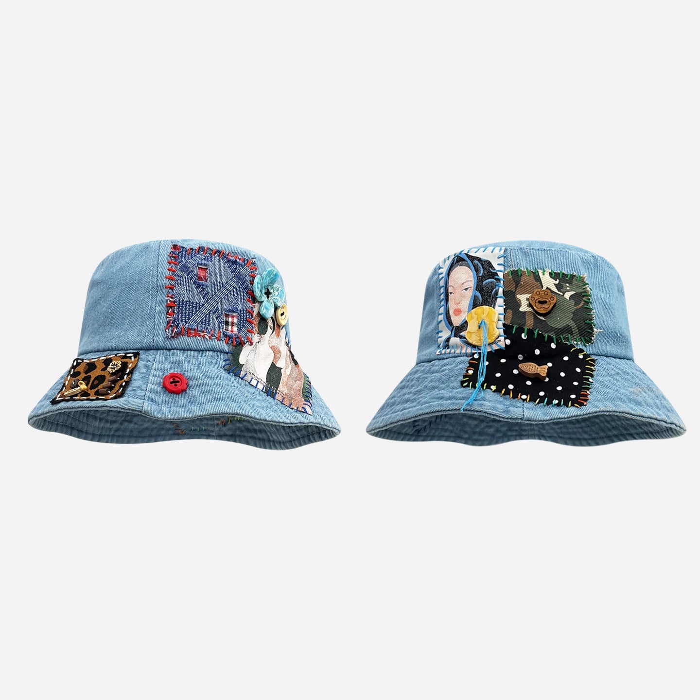 Denim Abstract Appliqué Fisherman Hat – Wide Brim Sun Protection Streetwear – Japanese vintage | yamalin clothes | Yamalinclothes