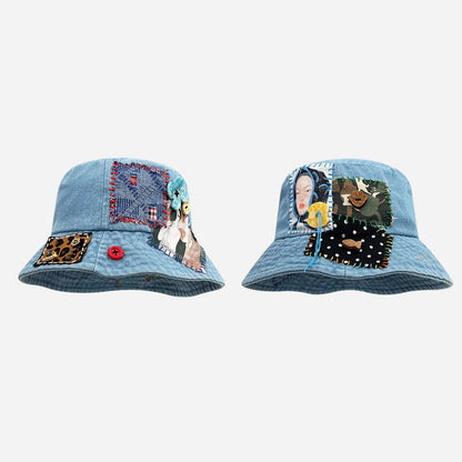 Denim Abstract Appliqué Fisherman Hat – Wide Brim Sun Protection Streetwear – Japanese vintage | yamalin clothes | Yamalinclothes