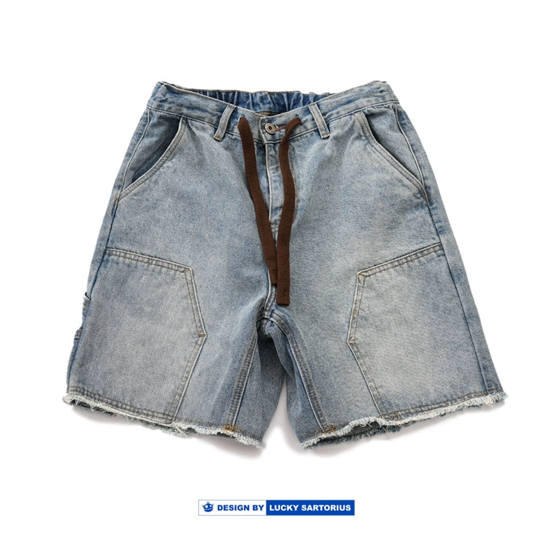 Washed denim elasticated waist shorts Japanese cargo uniform straight leg double knee logging jeans summer youth cropped pants men