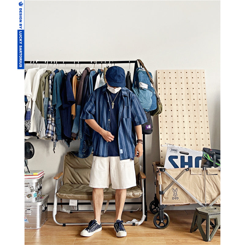 Japanese vintage indigo stripes loose version shoulder cityboy Cuban collar short-sleeved shirt summer shirt men