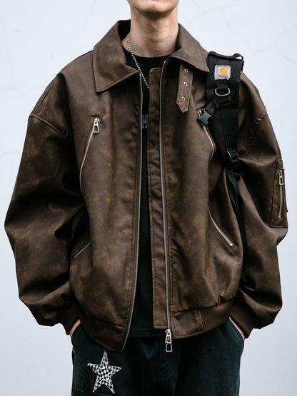 Double-Zip Stand-Collar PU Leather Jacket – Vintage Oversized Unisex