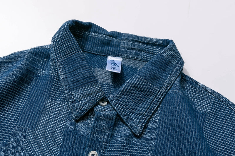 Japanese denim cargo shirt, distressed carat cloth blue-dyed short-sleeved shirt, retro loose shirt