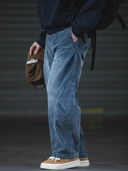 Men’s Straight Corduroy Cargo Pants – Loose Casual Retro Distressed Blue Cotton Streetwear – Japanese vintage | yamalin clothes | Yamalinclothes