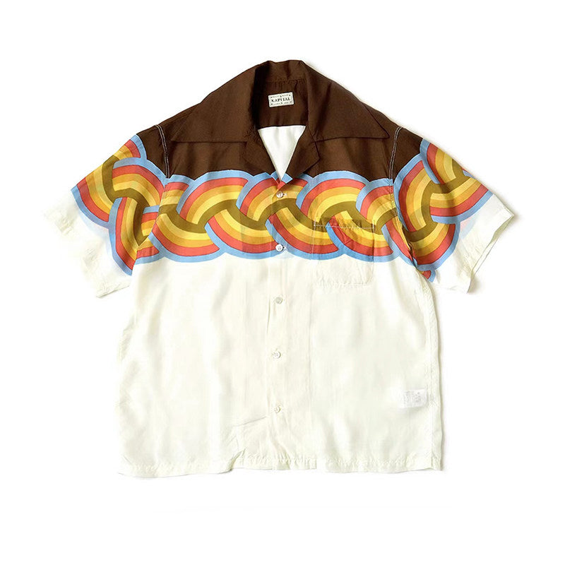 Japanese unisex rainbow wave color-block breasted loose casual short-sleeved shirt