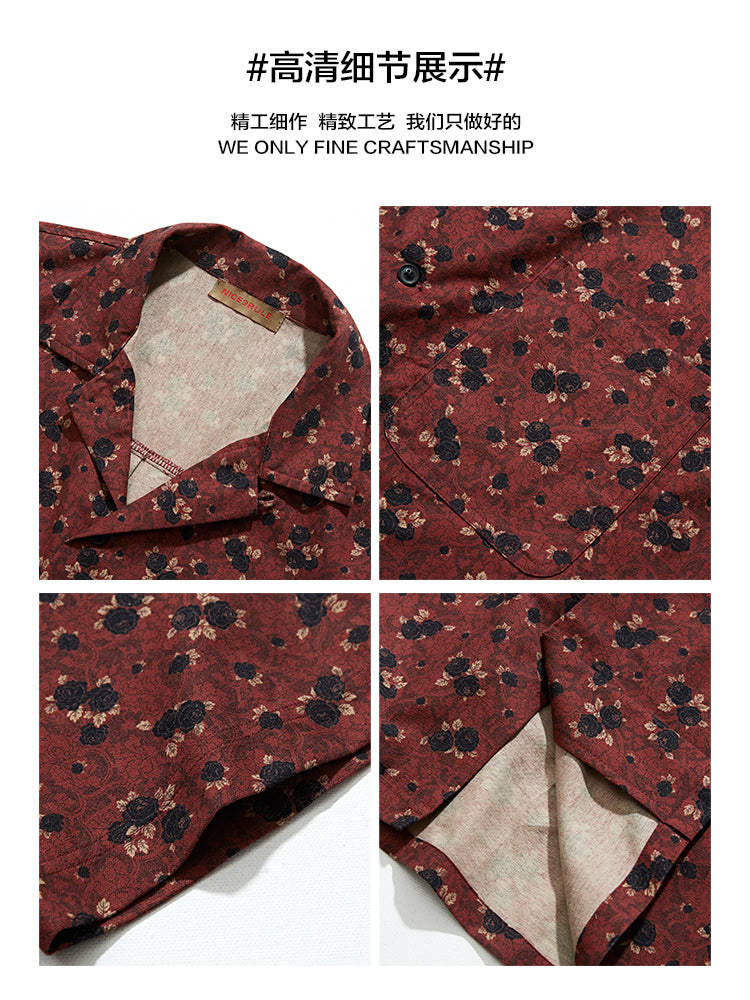 retro Hong Kong style floral full print Cuban collar men's handsome floral shirt summer cotton short sleeve shirt