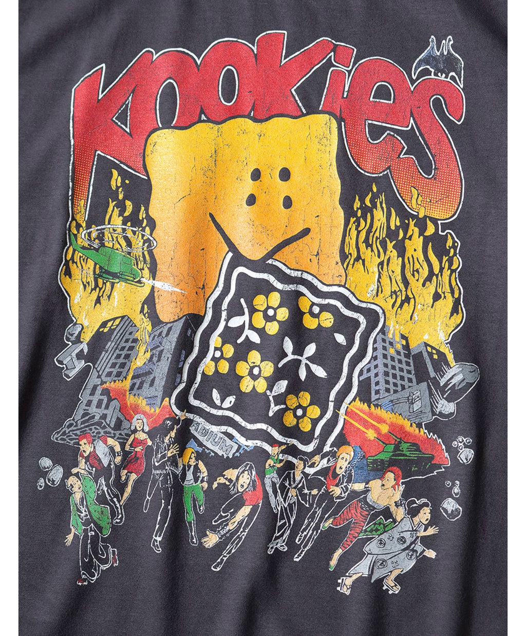 Japanese batik wash distressed cracked fun print crew neck loose T