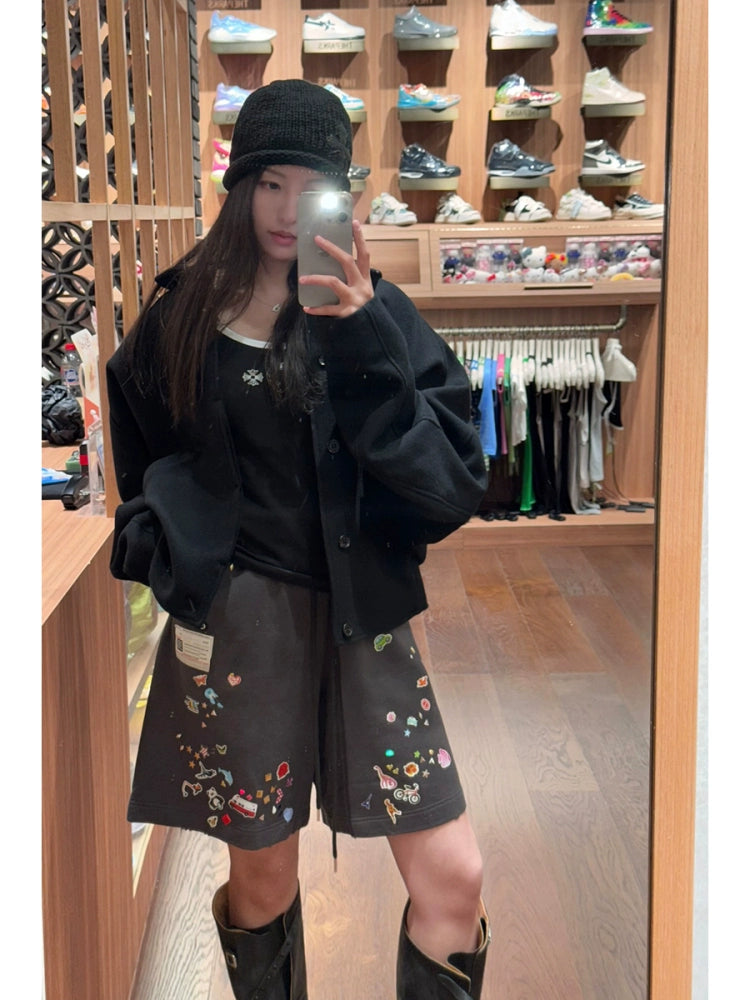 Japanese cotton fun print destruction elastic adjustment shorts