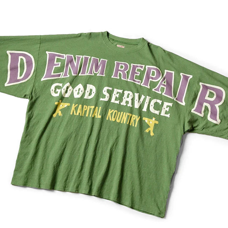 Japanese casual loose cotton green letter print dropped-shoulder short-sleeved T-shirt