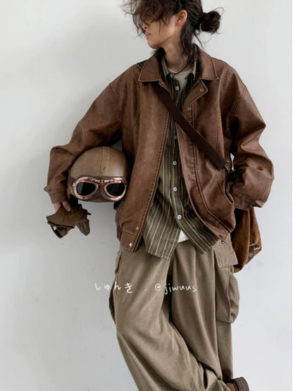 American Vintage PU Leather Moto Jacket – Unisex Loose Biker Coat