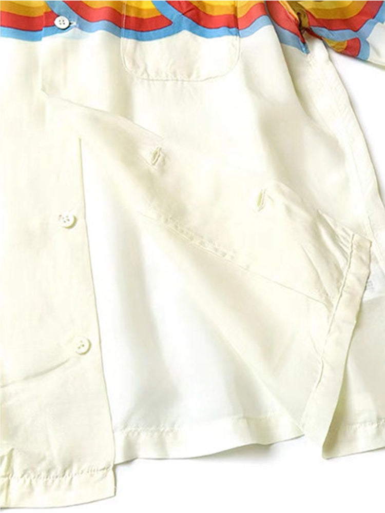 Japanese unisex rainbow wave color-block breasted loose casual short-sleeved shirt