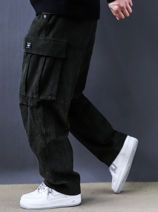 Army Green American Retro Washed Large Pocket Cargo Spring and Autumn Cotton Tide Brand Loose Straight Corduroy Trousers 2025