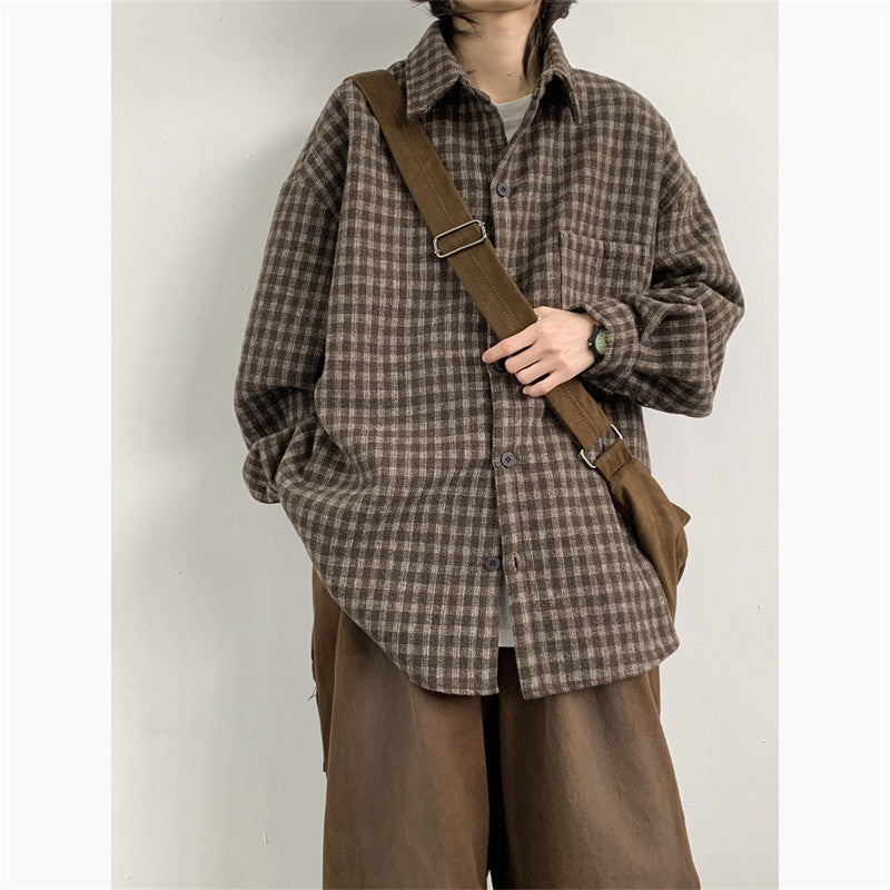 American Vintage Plaid Shirt Jacket – Loose Lapel Long Sleeve Casual Overshirt for Men | Japanese vintage | yamalin clothes | Yamalinclothes