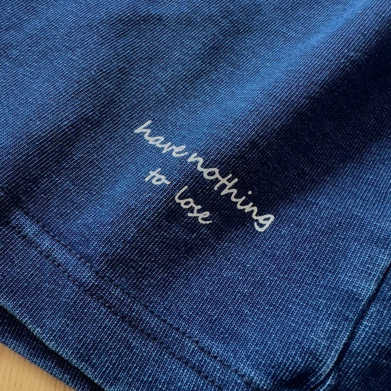 Japanese vintage indigo high gram weight washed round neck pullover loose fit short sleeve t-shirt men's and women's english printed tee