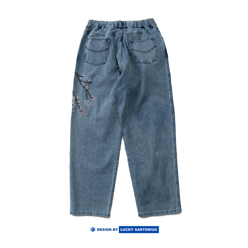 Plum Blossom Embroidery Skinny Washed Jeans