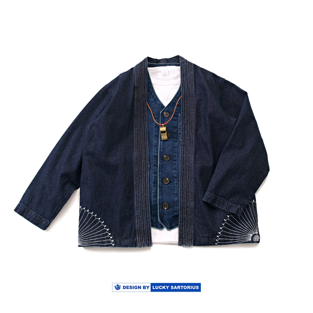 Japanese retro men's spring and autumn heavyweight washed denim washed embroidered robe jacket jacket men's and women's trendy tops