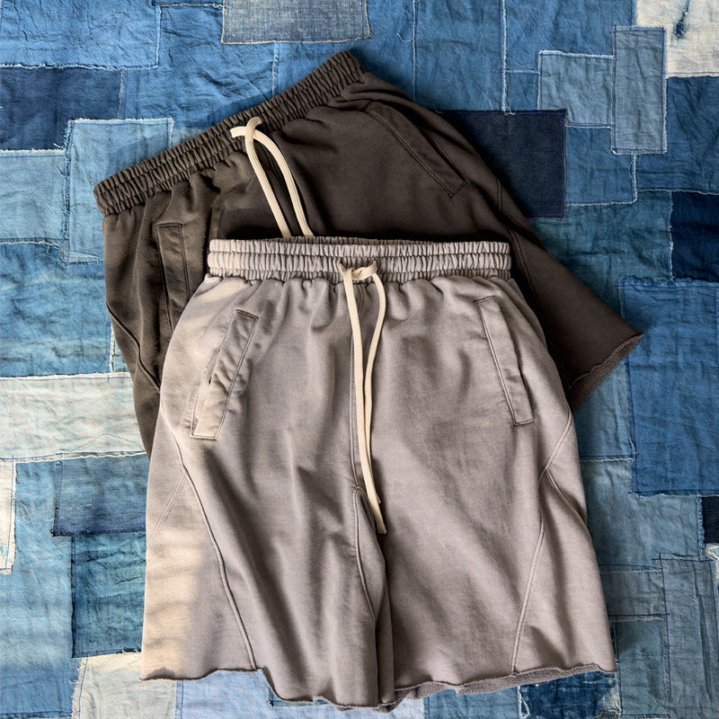 High gram heavy wash American vintage BF lazy style drawstring panelled athleisure loose shorts for men and women