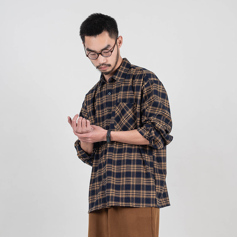 Shirt men's woolen plaid shirt Japanese literary retro loose coat tide inner wear
