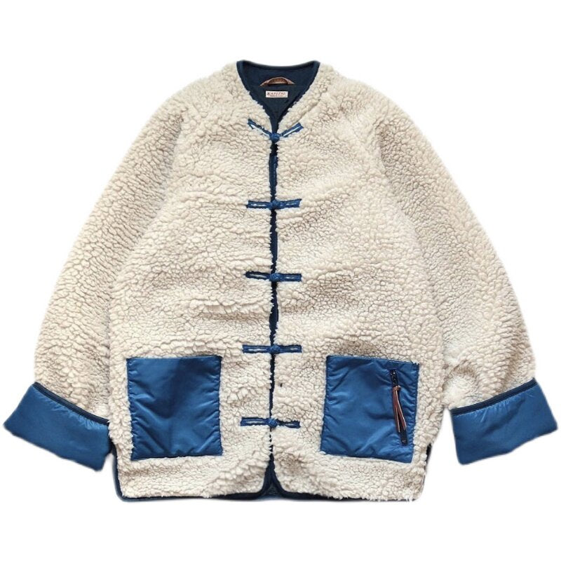 Japanese Artisan Tang Suit Fleece Jacket – Oversized Lamb Wool Lined Unisex Coat
