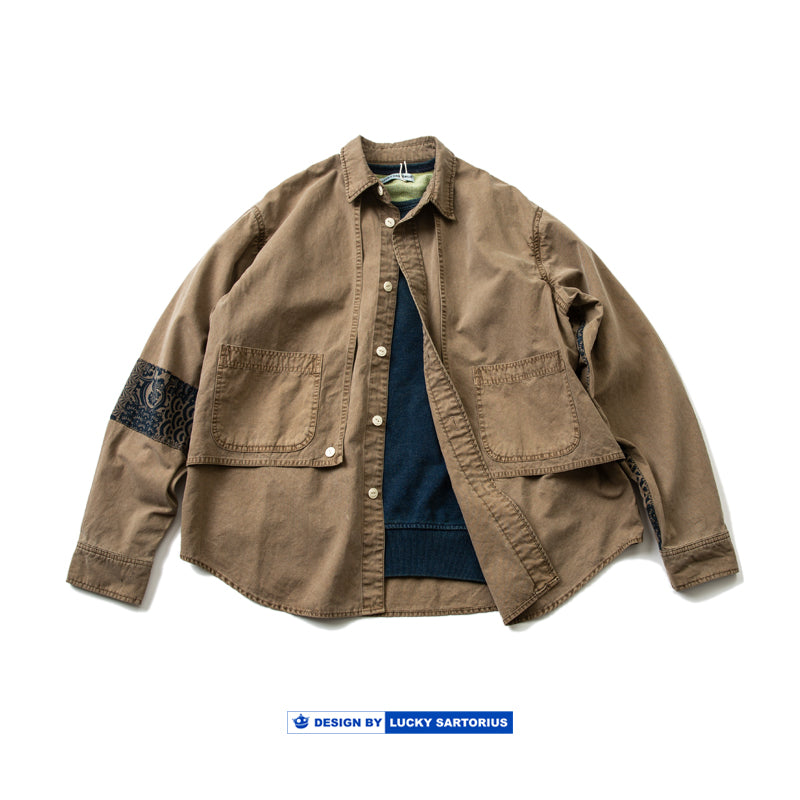 Fake two-piece ethnic style elbow splicing long-sleeved shirt coat for men