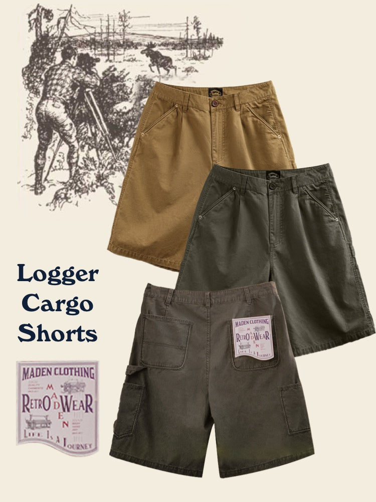 Macho shorts, American retro lumberjack cotton, skin-friendly straight, loose multi-pocket cargo pants