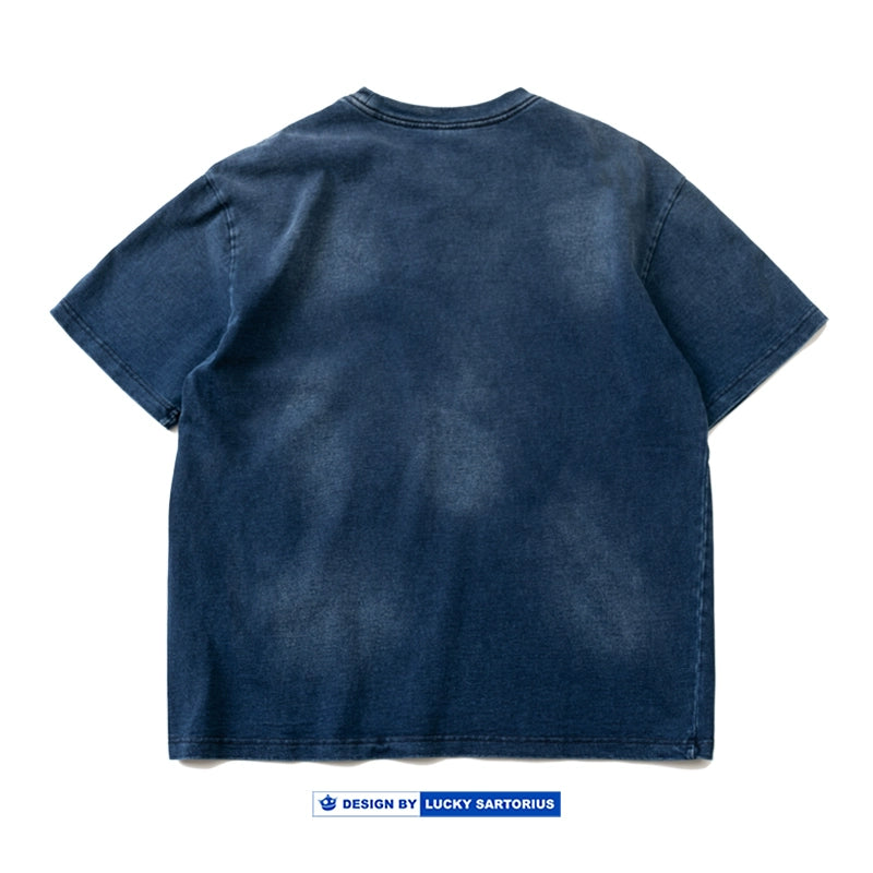 Japanese retro high grammage 320g washed indigo crew neck pullover short sleeve T-shirt English print T-shirt for men and women