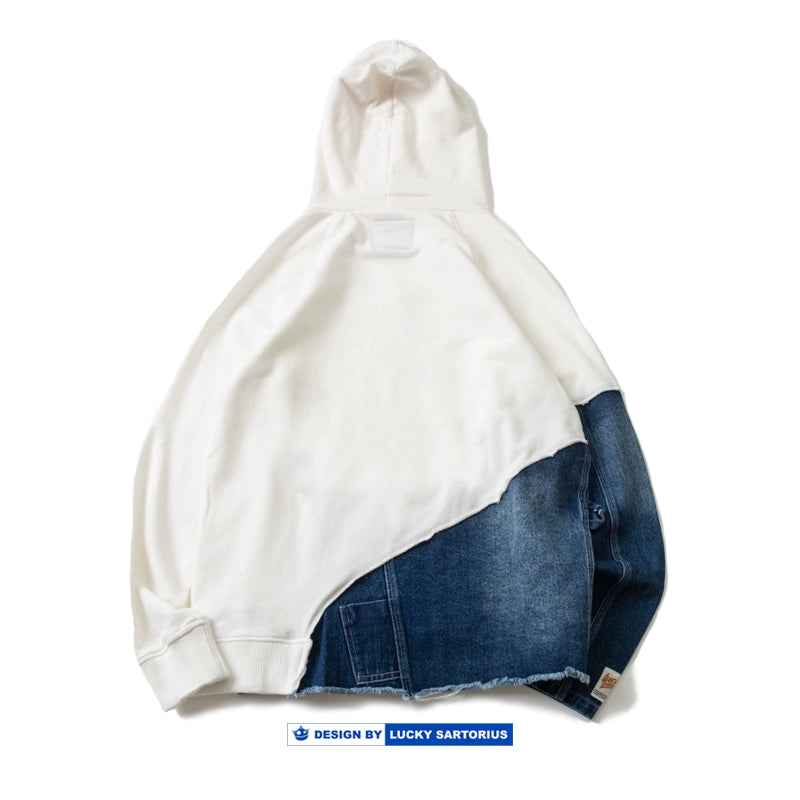 Men's washed denim patchwork hooded sweatshirt kangaroo pocket jacket