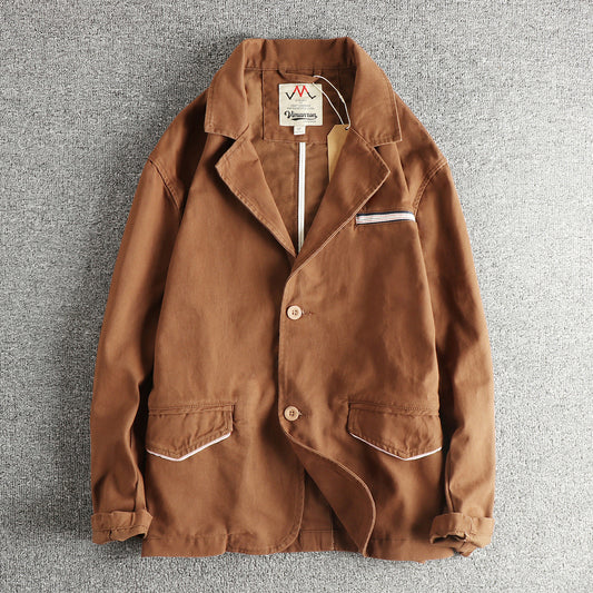 American Wilderness Vintage Heavy Washed Distressed Denim Jacket – Oversized Lapel Trucker Coat – Japanese vintage | yamalin clothes | Yamalinclothes
