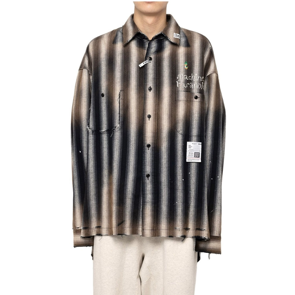 Japanese style striped duck embroidered distressed long sleeve shirt