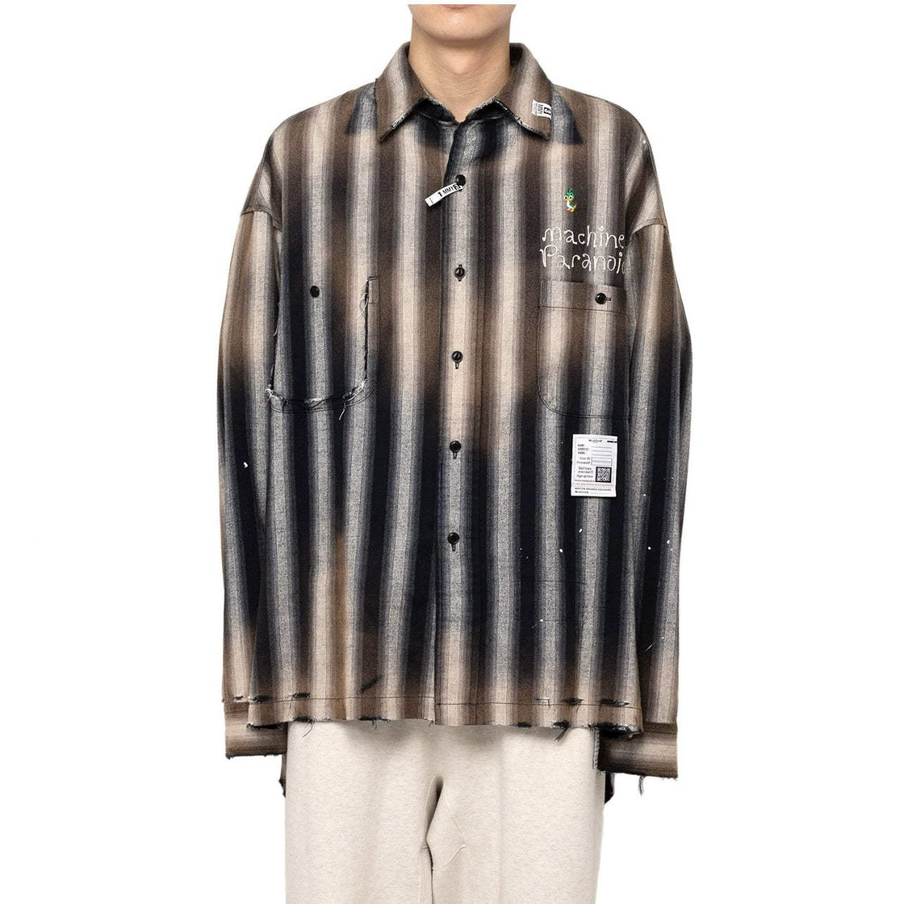 Japanese style striped duck embroidered distressed long sleeve shirt