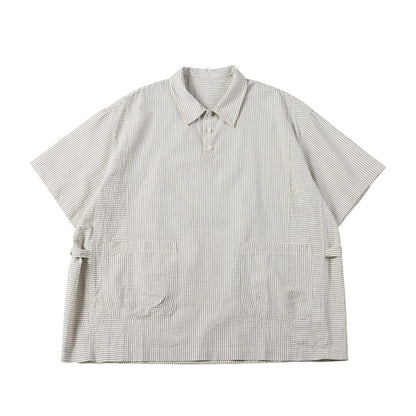 Retro Cityboy Stripe Stitching Half Placket Loose Short Sleeve Shirt - 100% Cotton Summer Top for Men | Japanese vintage | yamalin clothes | Yamalinclothes