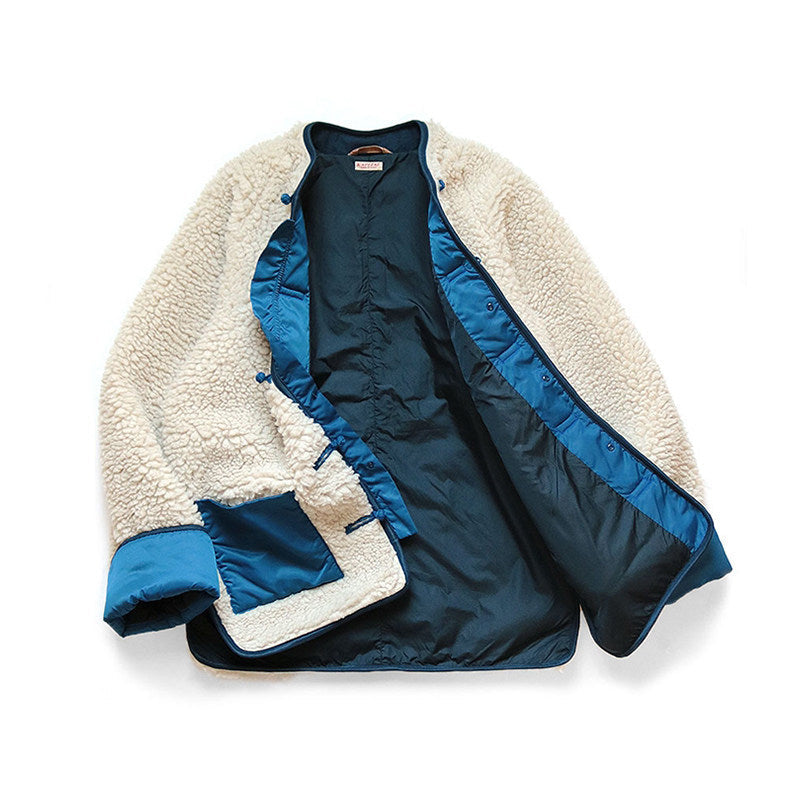 Japanese Artisan Tang Suit Fleece Jacket – Oversized Lamb Wool Lined Unisex Coat