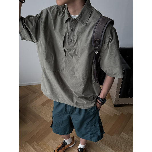 Japanese trendy brand washed cargo shirt men's summer new loose cotton versatile lapel shirt with collar T-shirt tide