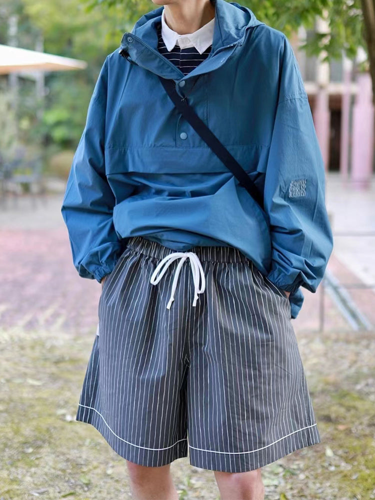 Japanese summer hand-painted stripes loose drawstring elastic trend casual sports shorts