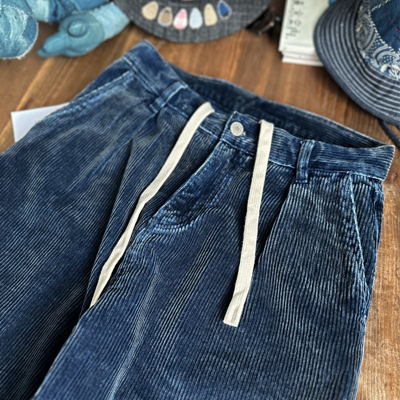 Japanese retro men's pants, thick pit strips, high gram weight, indigo wash, corduroy, casual loose small foot cargo pants, men and women
