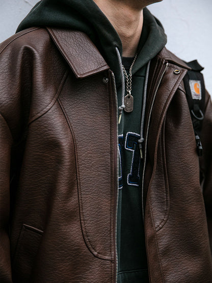 Lychee-Grain PU Leather Lapel Jacket – American Retro Oversized Unisex