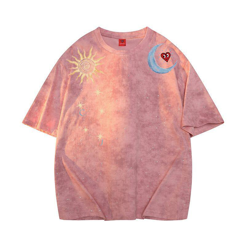 Tie-Dye Sun Moon Print T-Shirt – Loose Unisex Summer Streetwear