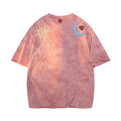 Tie-Dye Sun Moon Print T-Shirt – Loose Unisex Summer Streetwear