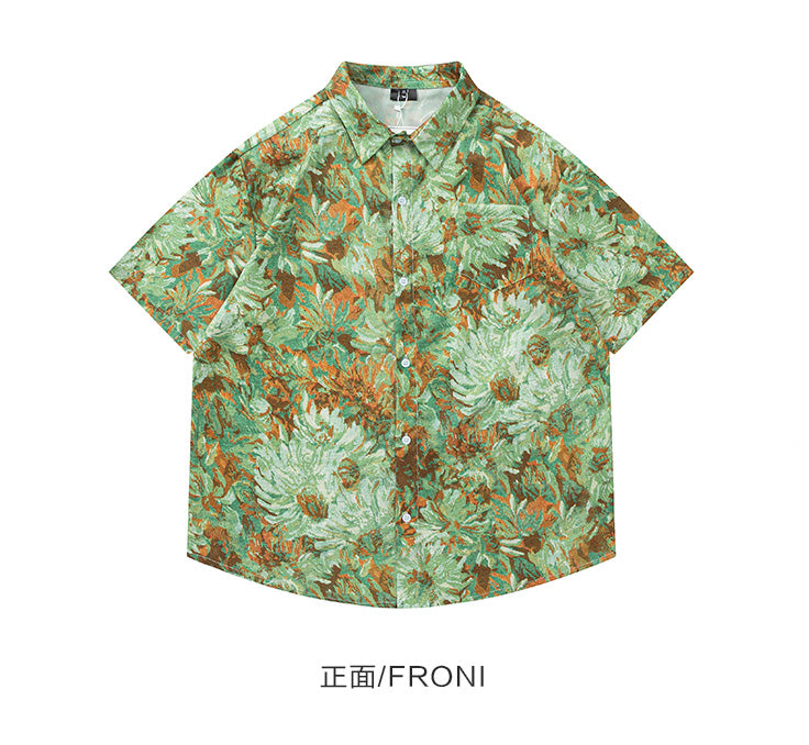 vintage vintage Hawaiian oil painting short sleeve floral shirt men's Thai high-quality handsome shirt