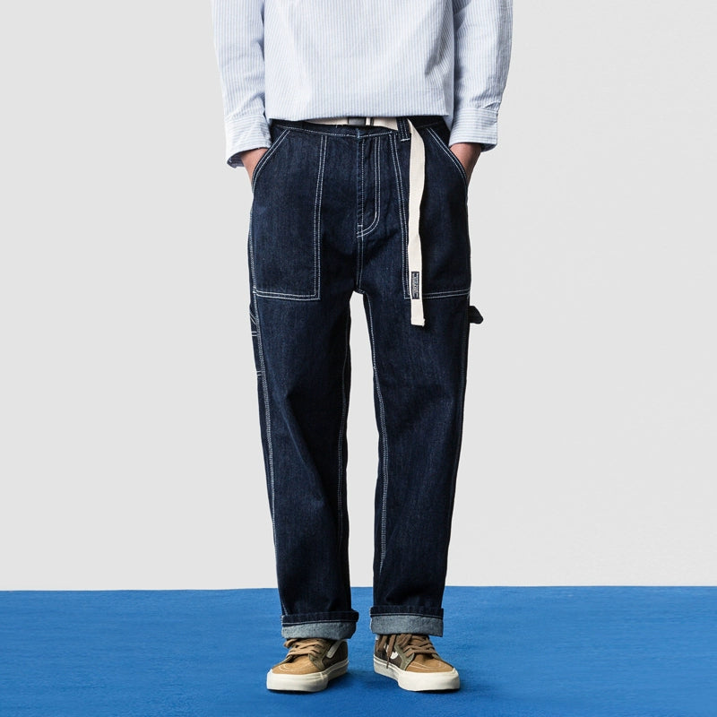 Japanese straight jeans men's trend BF wind loose dad spring and autumn American ins wide-leg pants skateboard pants men